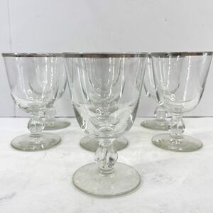 Vintage Silver Rim Clear Glass Stemmed Goblets Set‎ of 7 Regency Party 5.5" Tall